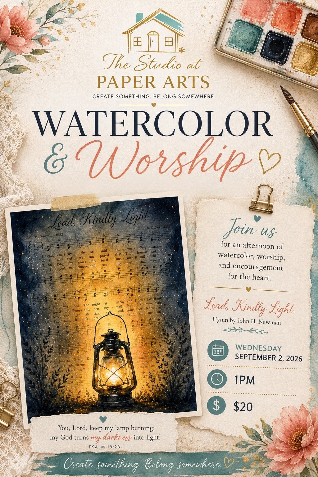 Watercolor & Worship: Lead, Kindly Light
Wednesday, September 2, 2026 1pm