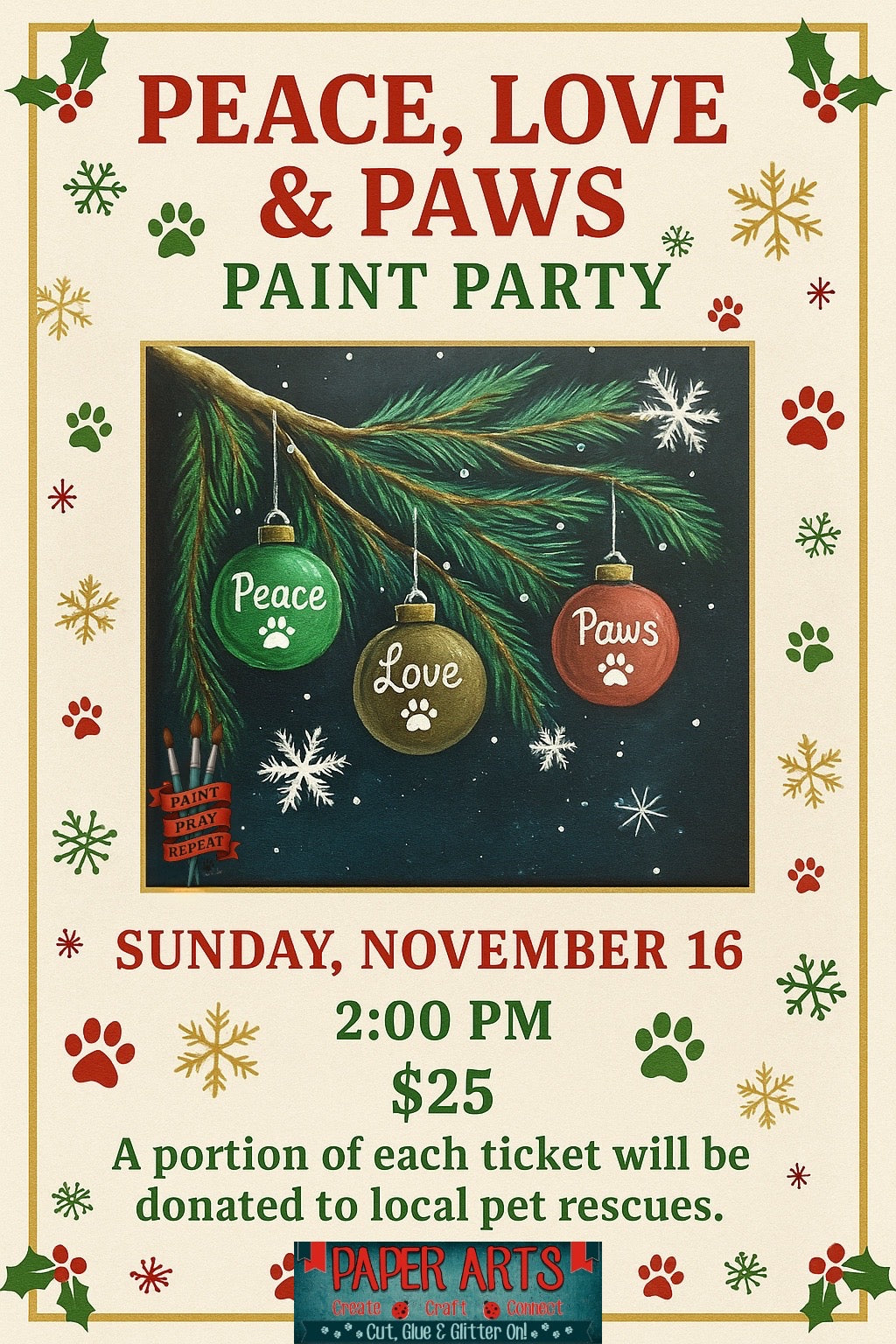 Peace, Love & Paws – Holiday Paint Party Sun. Nov. 16 2pm