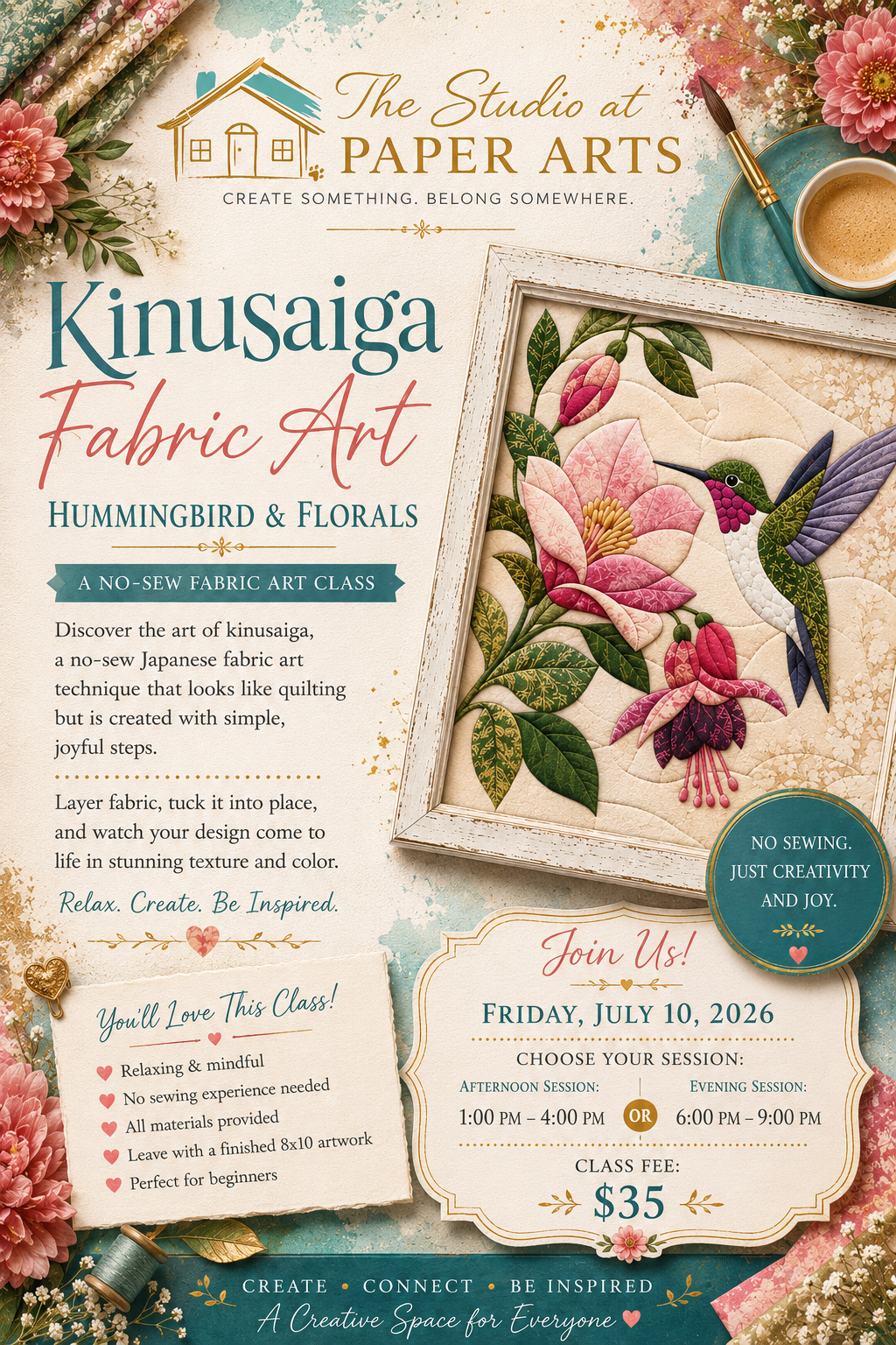 Kinusaiga Fabric Art: Hummingbird & Florals