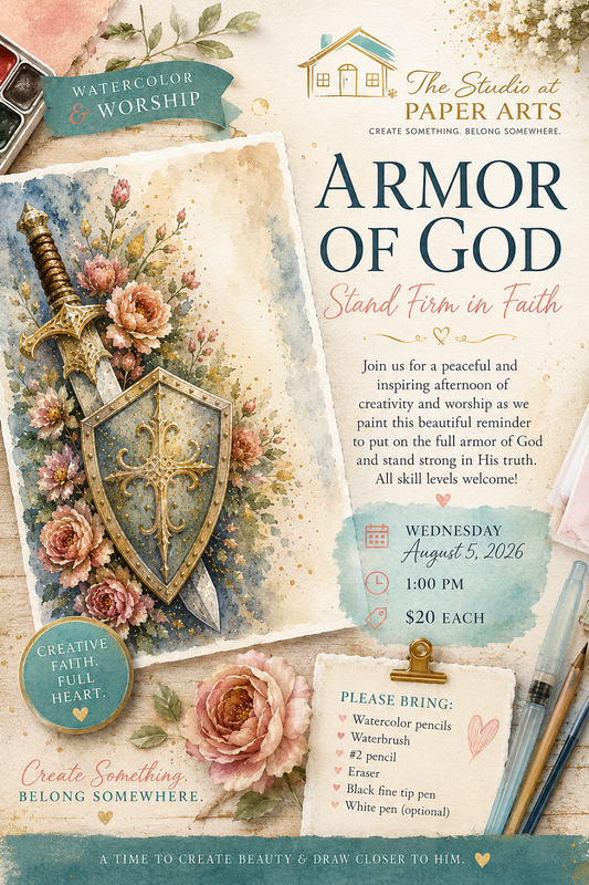 Armor of God: Watercolor & Worship

Wednesday, August 5, 2026 | 1:00 PM | $20