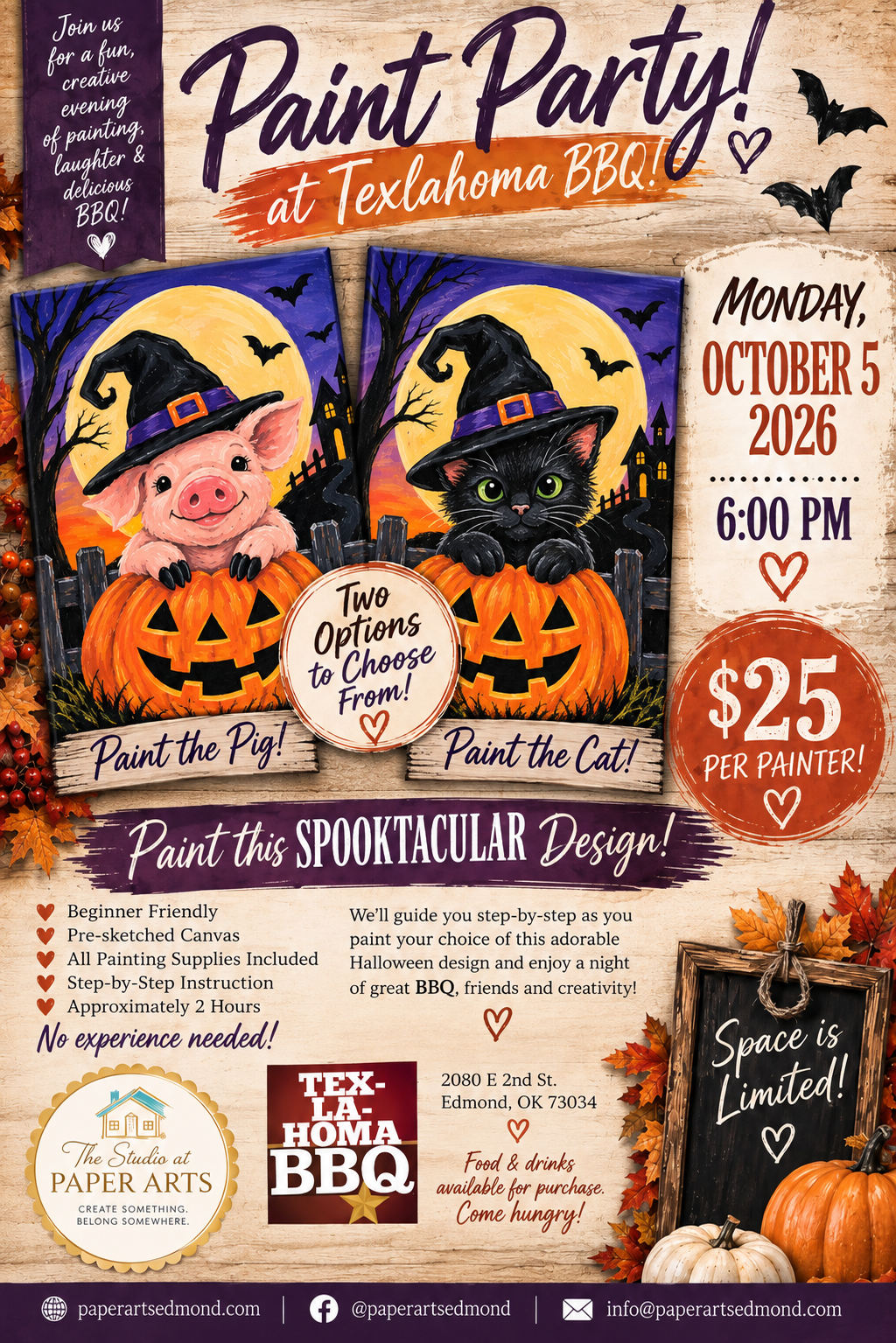 🎃 🎃 Halloween Paint Party at Texlahoma BBQ! 🐷🐈‍⬛