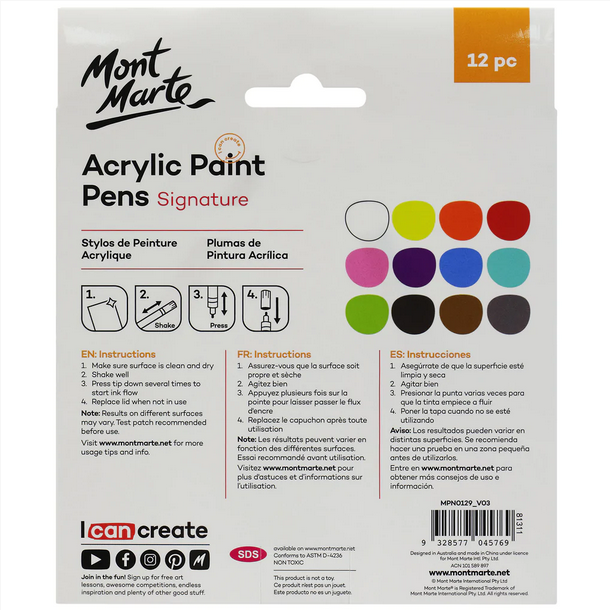 Mont Marte Acrylic Paint Pens Fine Tip 12 pc